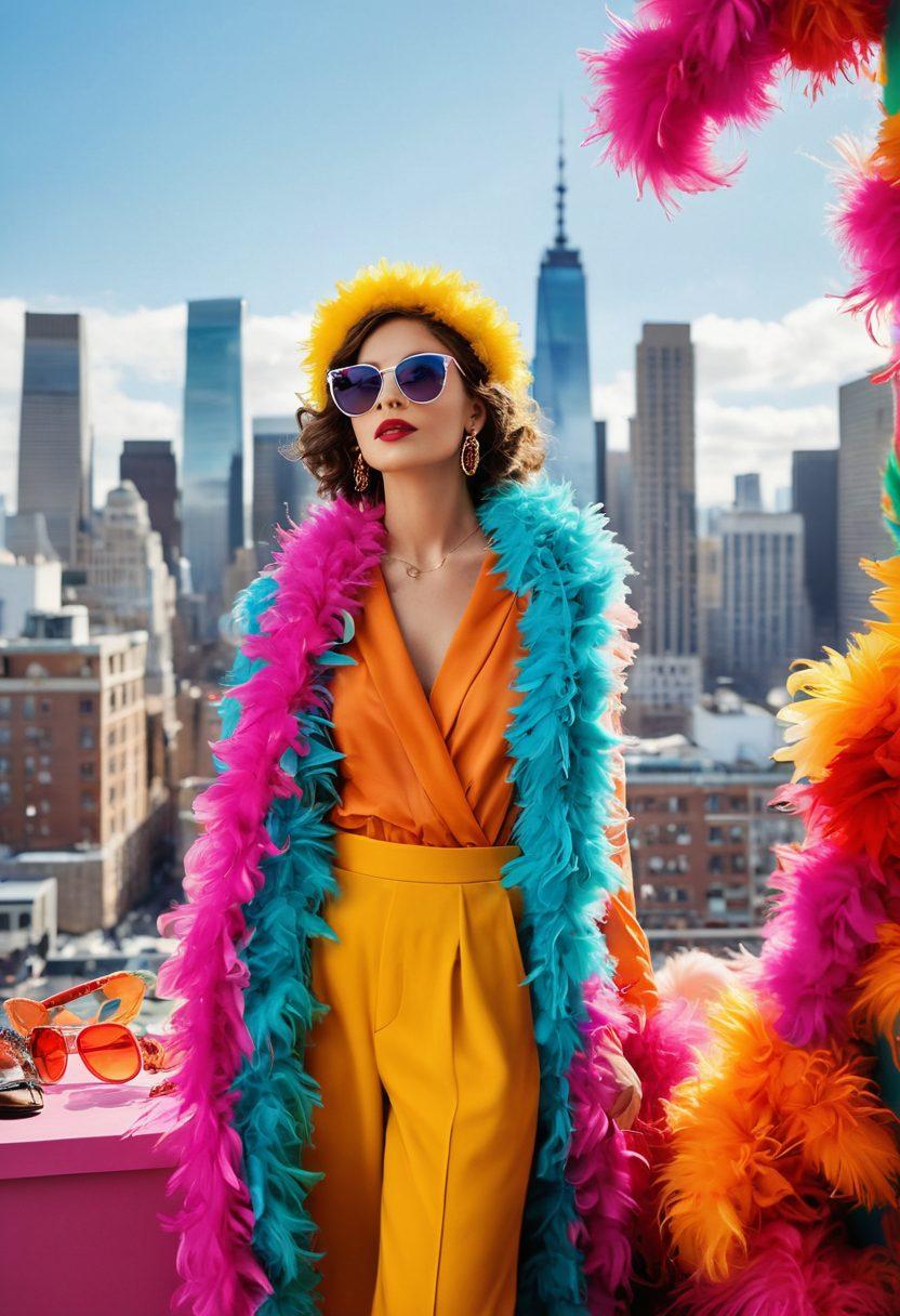 A whimsical scene featuring a stylish wardrobe filled with colorful and playful intimate apparel, surrounded by fun accessories like feather boas and funky sunglasses. In the background, a vibrant city skyline suggests excitement and urban fashion. The atmosphere is joyful and inviting, capturing a sense of adventure and self-expression through style. Bright, bold colors enhance the liveliness of the setting. vibrant colors. playful illustration.