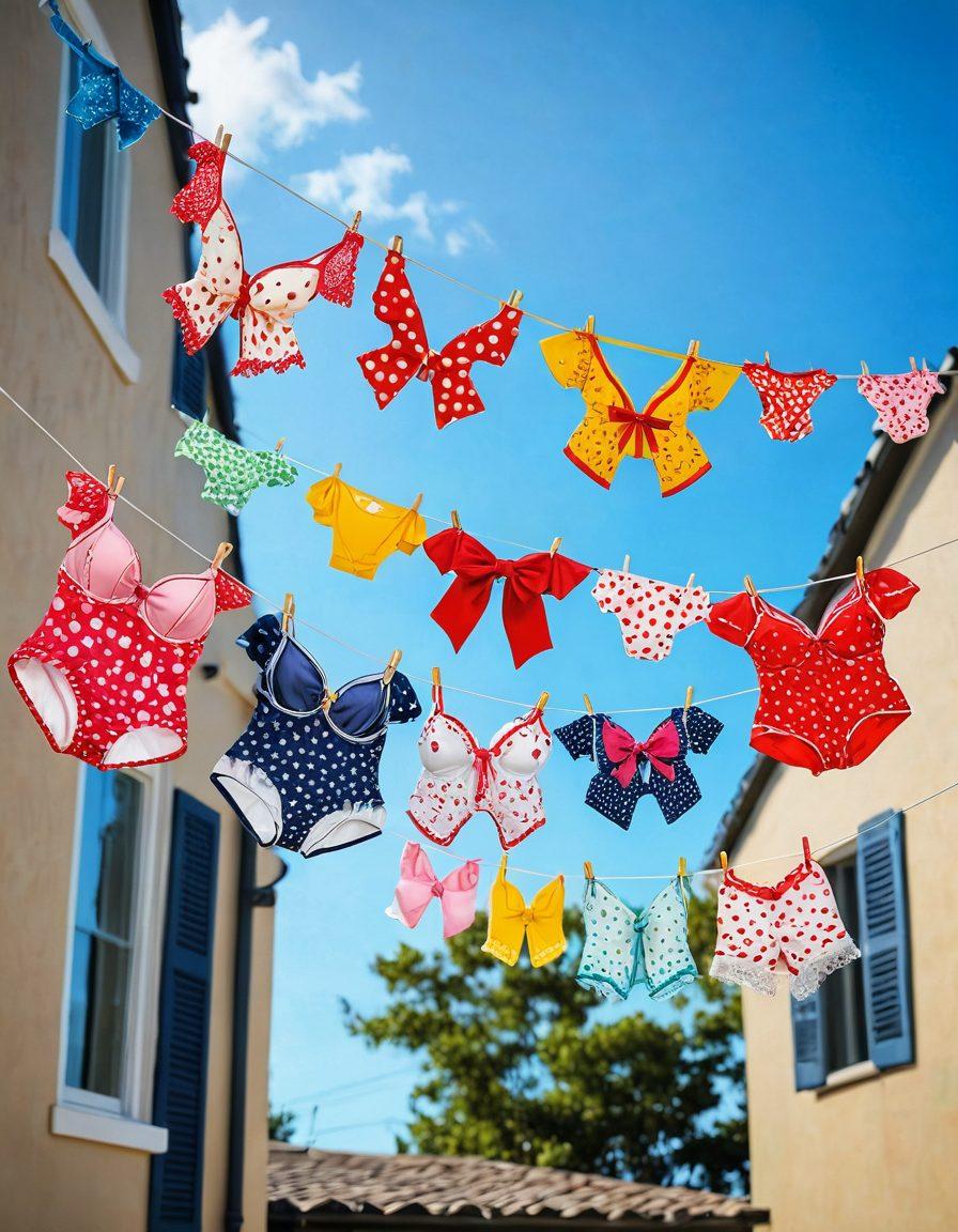 A whimsical and colorful display of cheeky lingerie hanging playfully on a clothesline, surrounded by playful elements like cartoon-style hearts and stars, with a soft-focus background of a bright sunny day. The lingerie should incorporate unique patterns and vibrant colors to evoke a sense of fun and mischief. Include delicate details like bows and lace. super-realistic. vibrant colors. playful illustration.